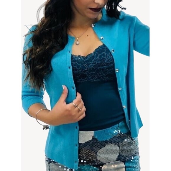 Ann Taylor Sweaters - Ann Taylor Blue Cashmere Rhinestone Button Down Cardigan Sweater | Office Siren
